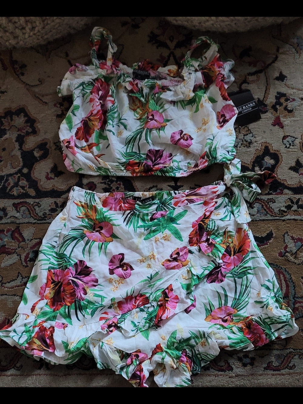 The Limited White Floral Shorts Skort Set with Pink & Green Tropical Print